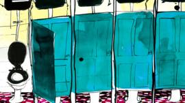 illustration of toilet stalls with open door